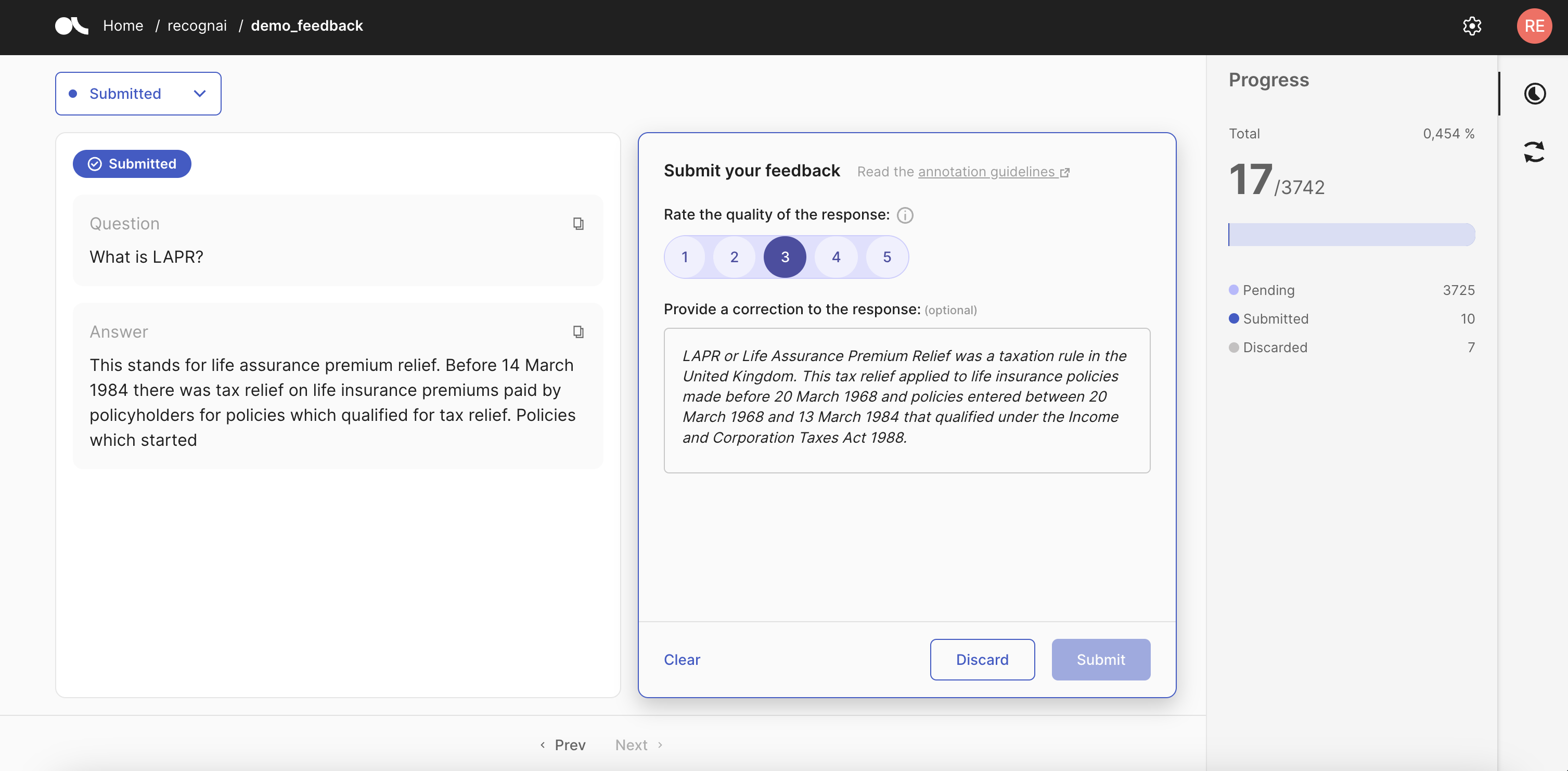 Spanshot of the Submitted queue and the progress bar in a Feedback Dataset