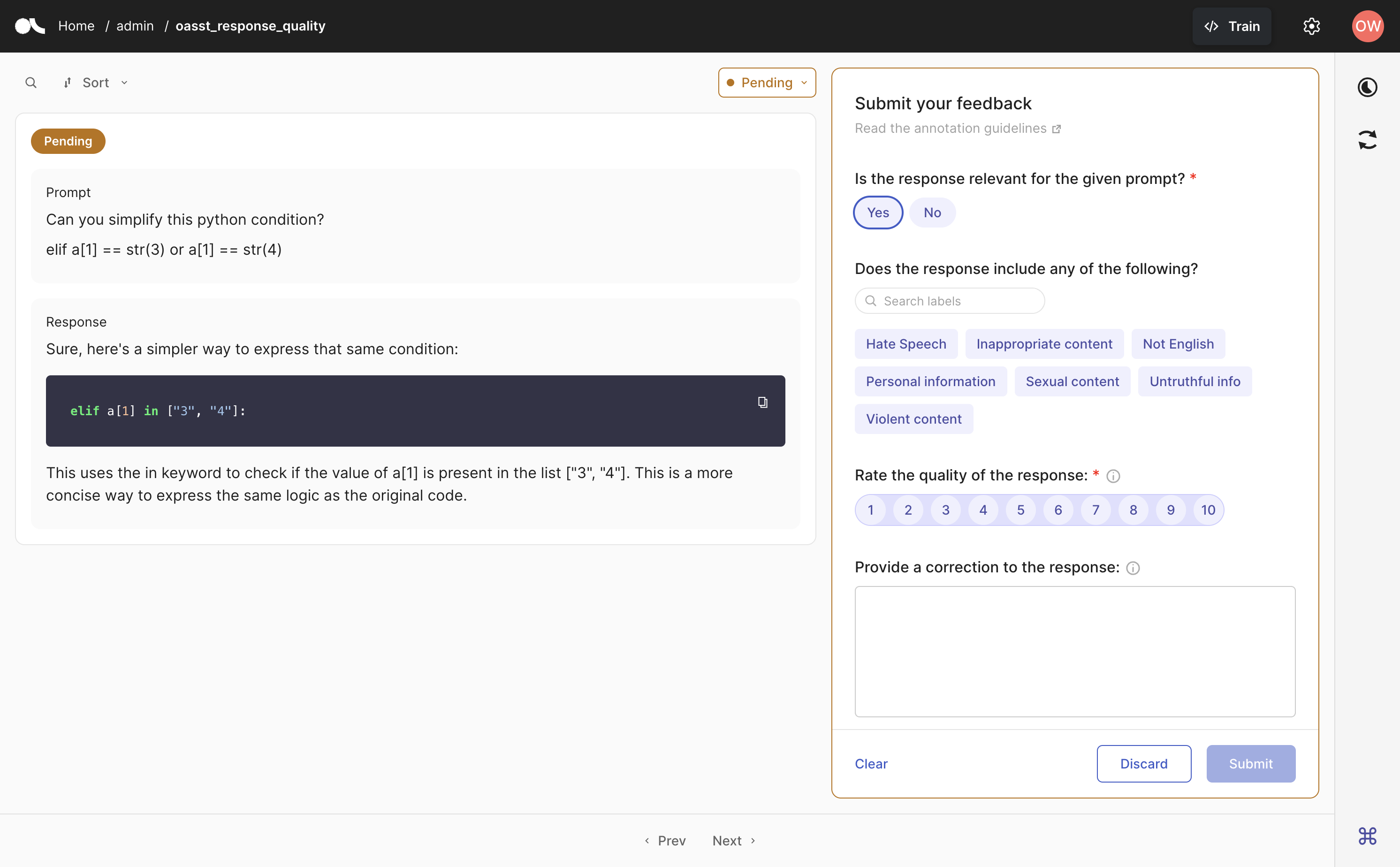 Feedback Dataset snapshot
