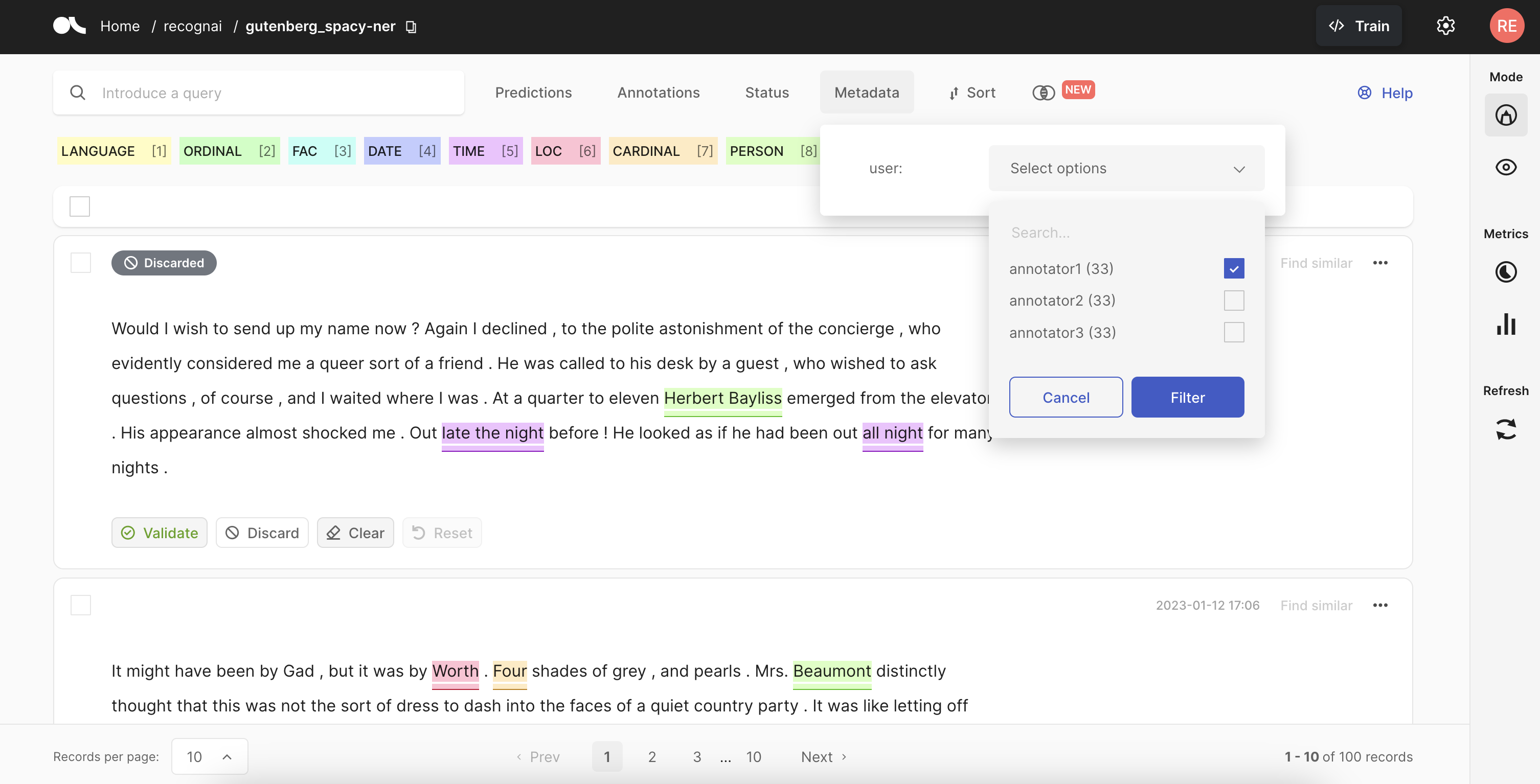 Using the metadata filter to select annotations assigned to a specific person