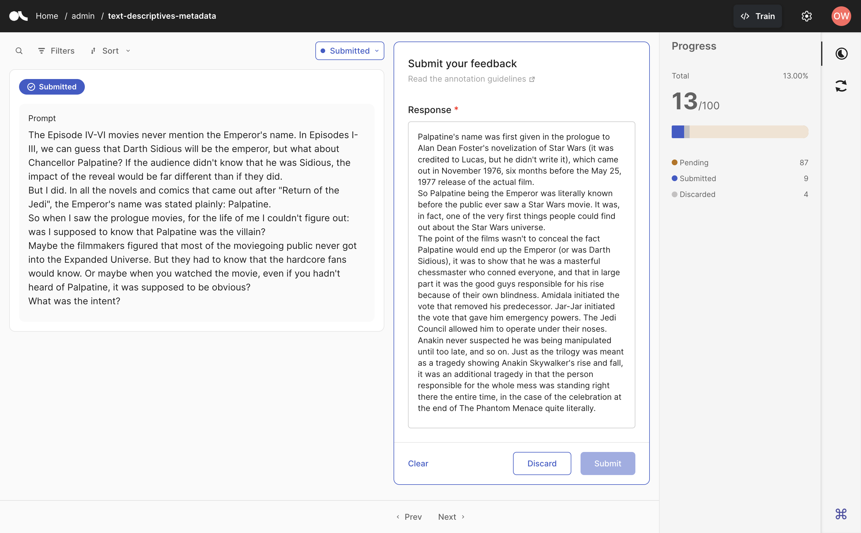 Snapshot of the Submitted queue and the progress bar in a Feedback Dataset