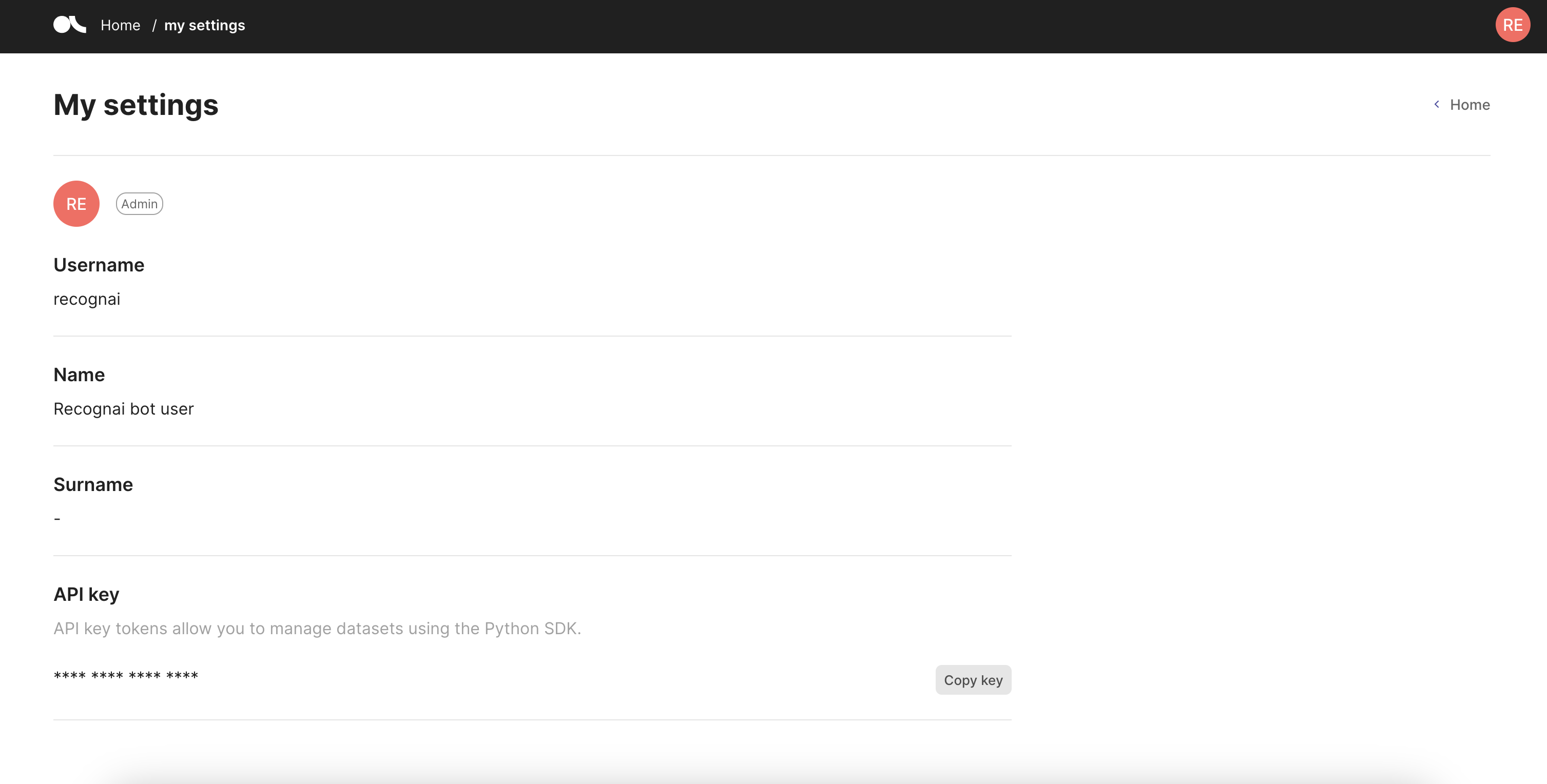 User settings page