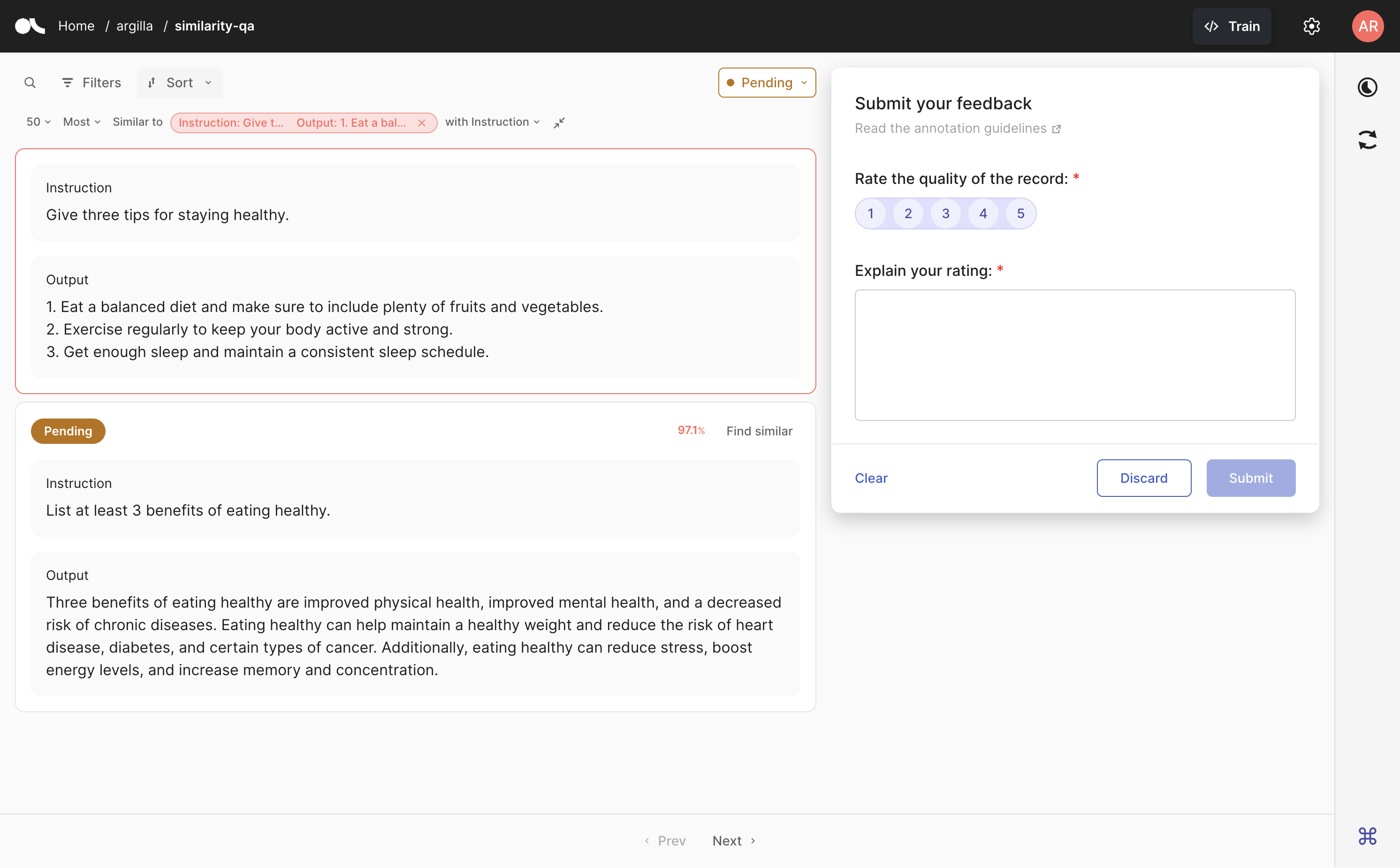 Snapshot of semantic search in a Feedback Dataset from Argilla's UI
