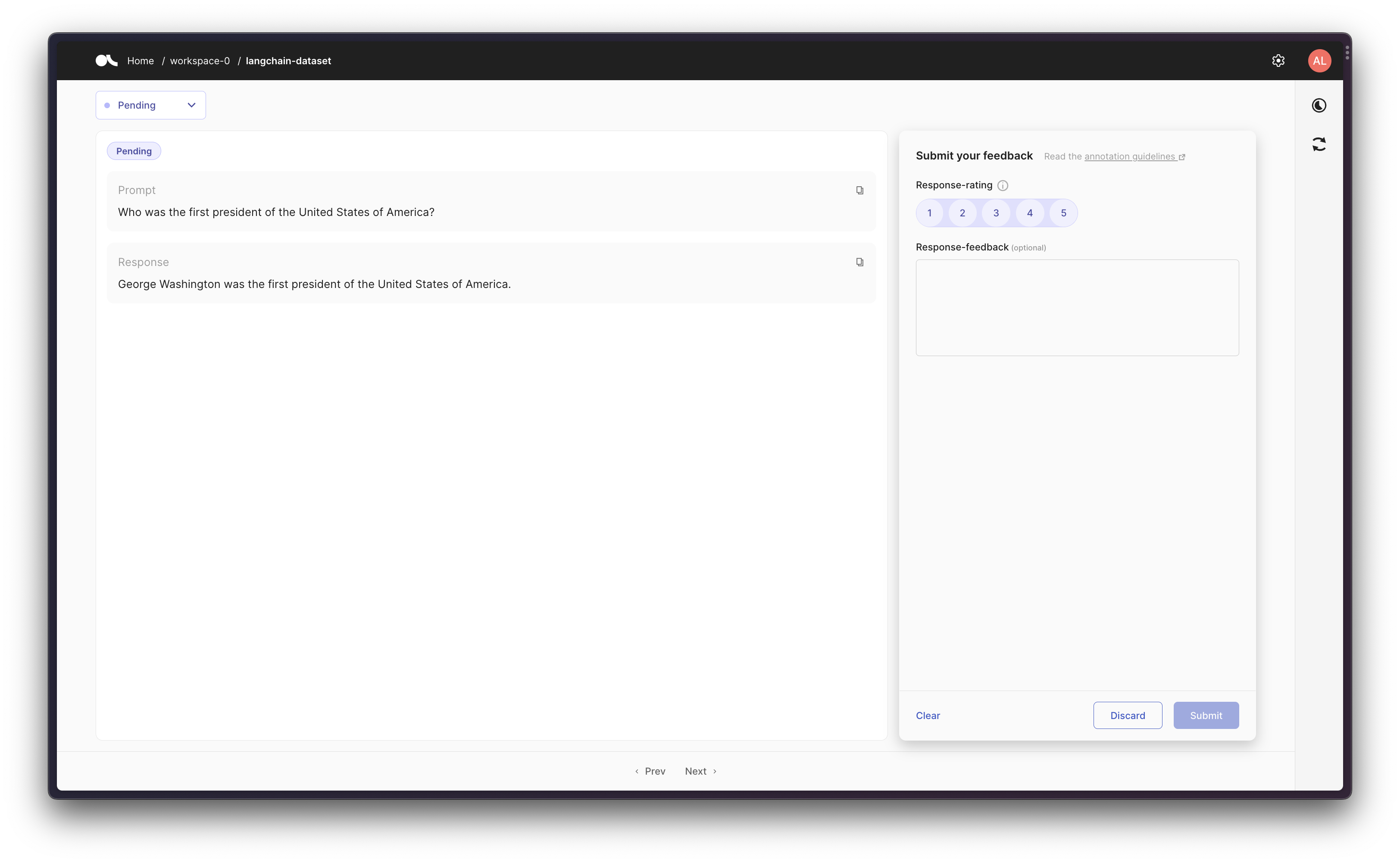 Argilla UI with LangChain Agent input-response
